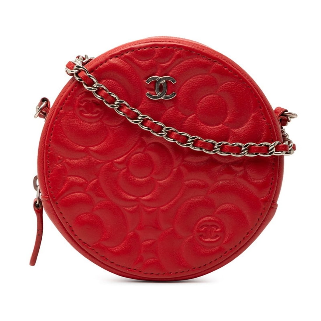 CHANEL Coco Mark Camellia Chain Shoulder Bag Pochette Red Leather Women's: --- Catalog ---Category: SizeStrap Drop: 61cm / 24.01''Size (HxWxD): 12cm x 12cm x 5cm / 4.72'' x 4.72'' x 1.96''Category: DesignType: Pochette, Shoulder bagColor: Red colorGender: WomenClosure: Zippe