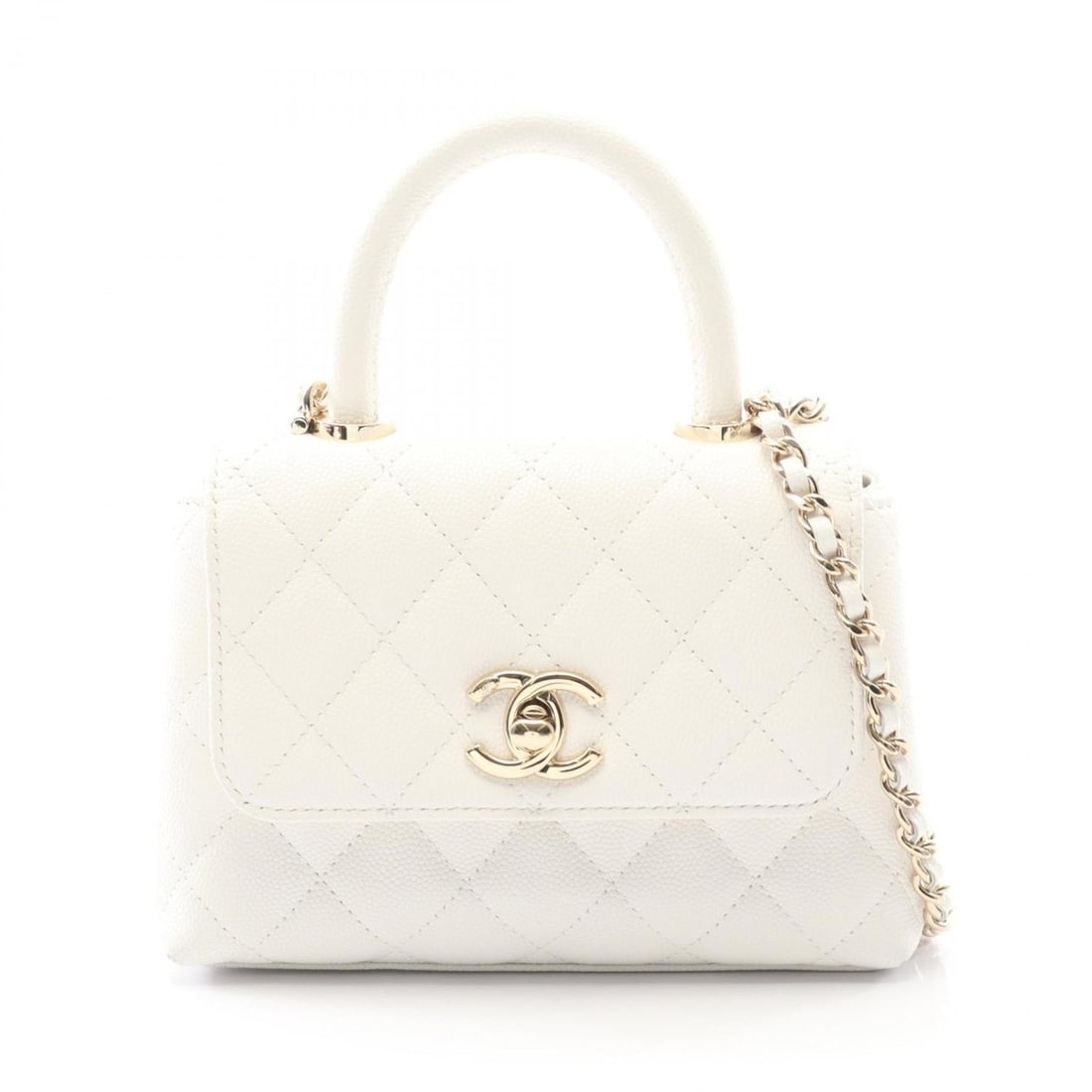 CHANEL Coco Handle Mini Matelasse Shoulder Bag in Grained Calfskin Leather, White, Women's, AP4244 (1 of 8)