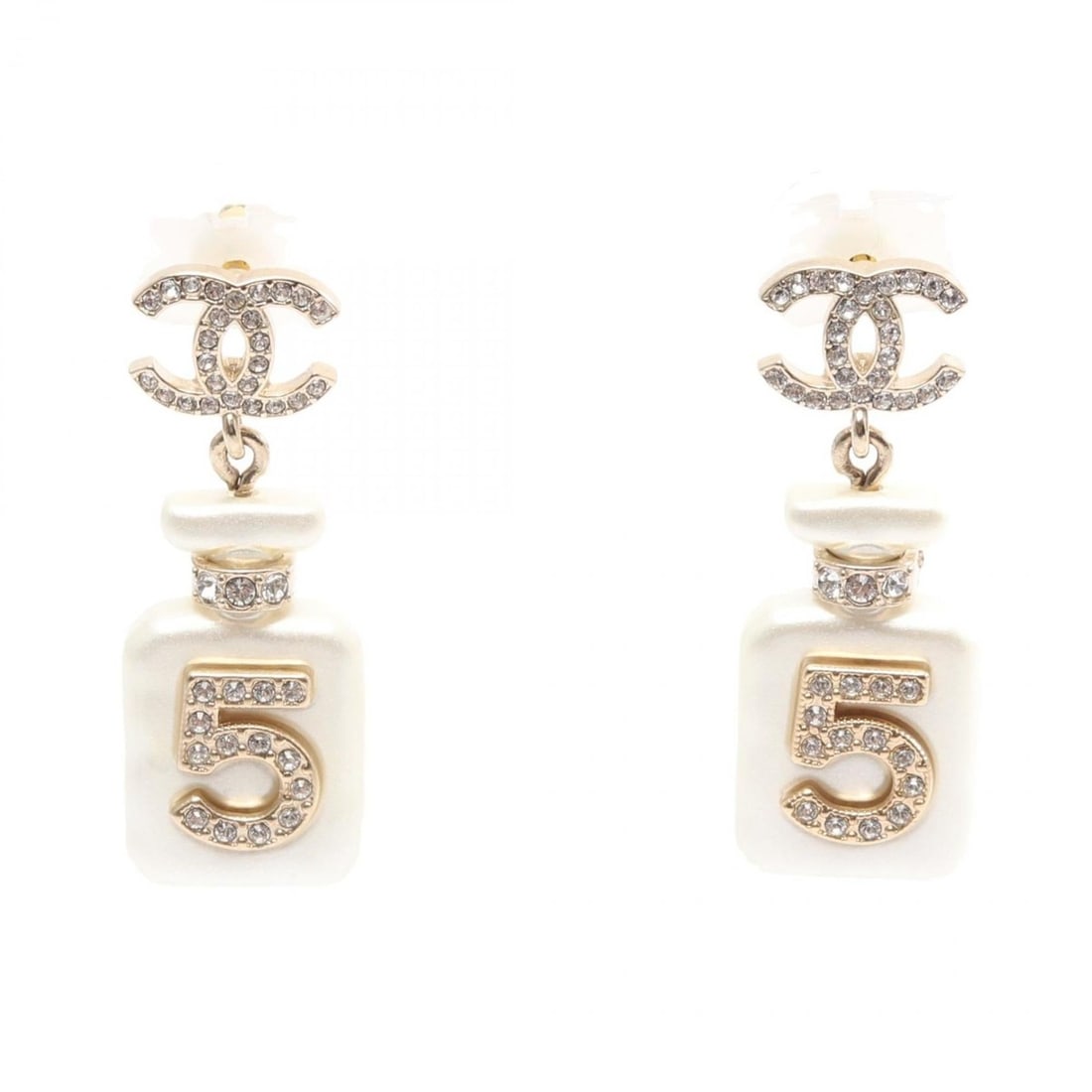 Chanel Coco Mark No. 5 Perfume Bottle Earrings, Gold-Plated Plastic with Rhinestones, Women's, (1 of 13)