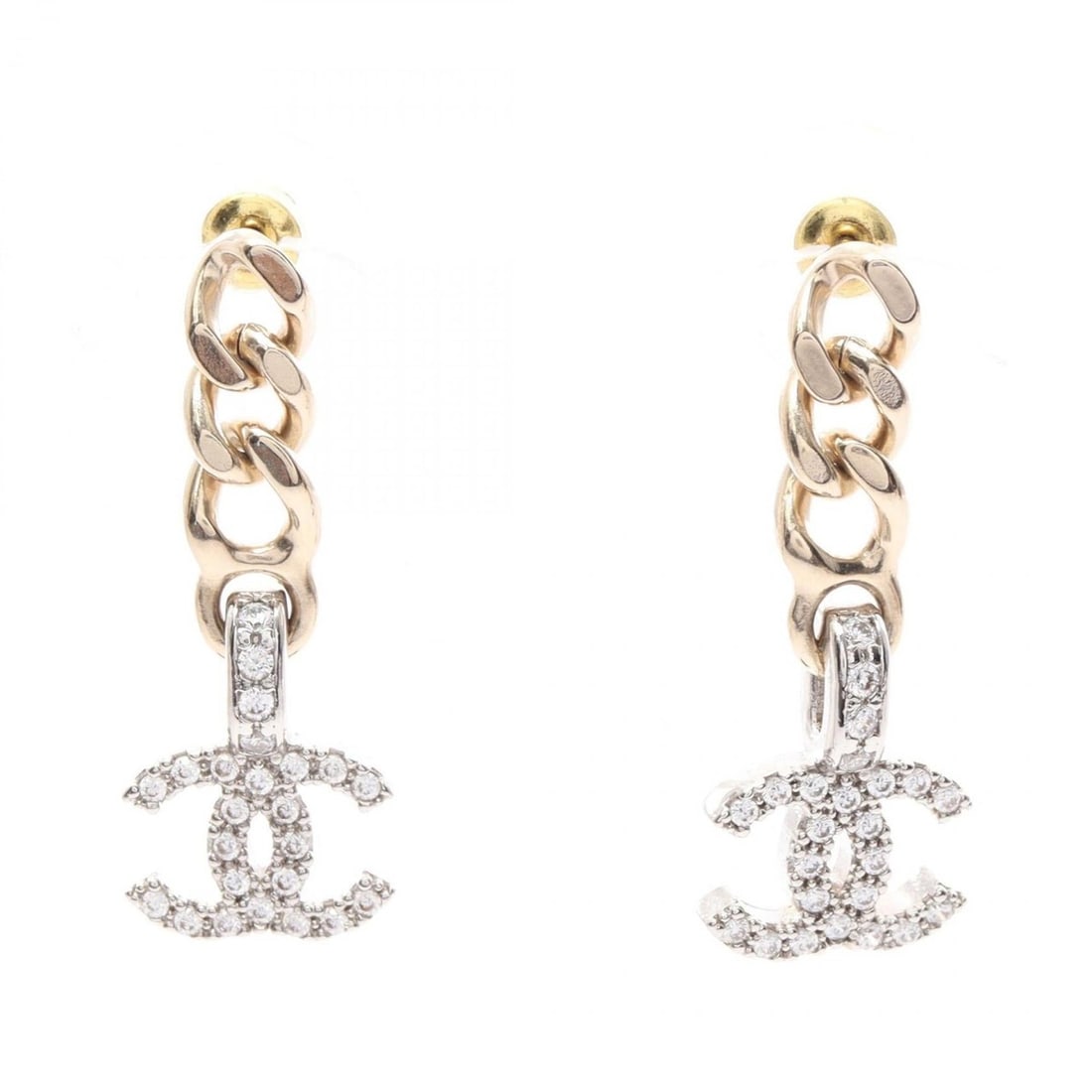 CHANEL Coco Mark Earrings in Gold-Plated Stainless Steel with Rhinestones, Available Gold, Silver,: --- Catalog ---Category: SizeSize (HxWxD): 33.00mm x 14.00mm / 1.30'' x 0.55''Category: DesignType: Stud earringsColor: Clear, Gold, SilverStone: RhinestoneGender: WomenMaterial: Gold plating, Stainle
