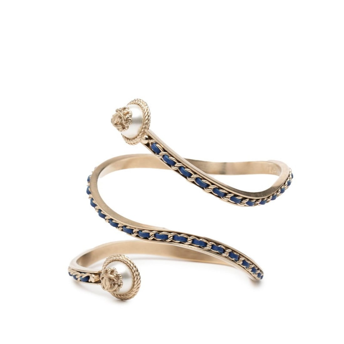 Chanel Coco Mark Bangle, Size: S, Champagne Gold, Blue Plated Leather, Faux Pearl, Women's, CHANEL: --- Catalog ---Category: SizeWidth: 5mm / 0.19''Length: 17cm / 6.69''Category: DesignType: BangleColor: Blue, Champagne goldStone: PearlGender: WomenMaterial: LeatherCategory: GeneralBrand: Chanel---