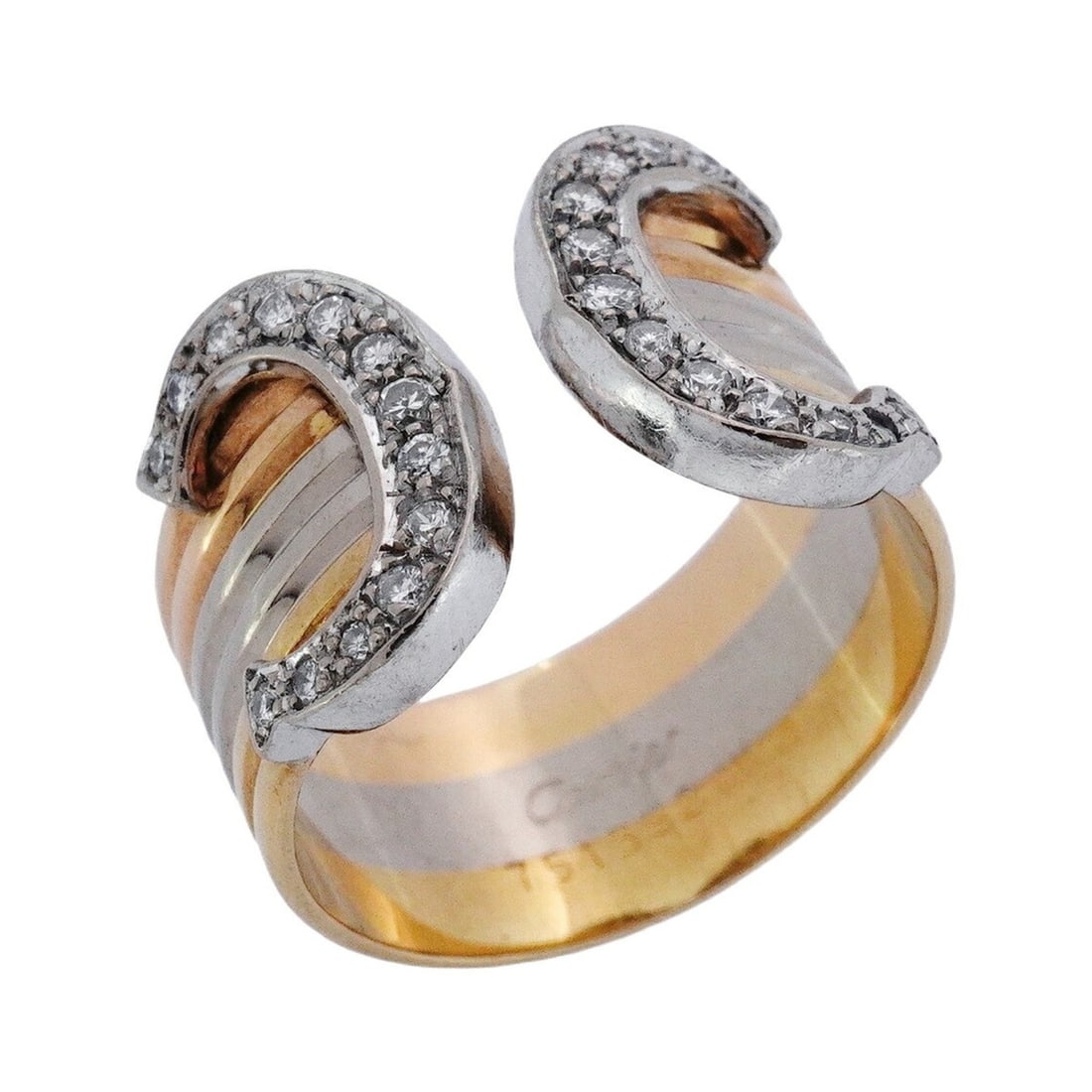 Cartier 2C Ring in 18K Yellow Gold, White Pink and Diamonds, #54, Women's: --- Catalog ---Category: SizeUS Size: 7Brand Size: 54Category: DesignType: Band ringStone: DiamondGender: WomenMaterial: Pink gold (18K), White gold (18K), Yellow gold (18K)Category: GeneralBrand: Car