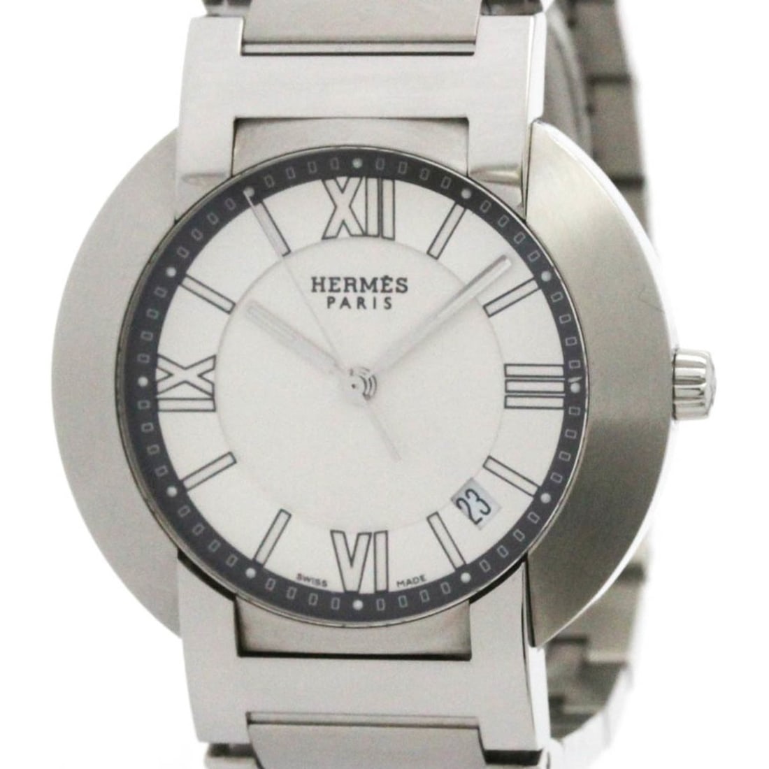 HERMES Nomade Stainless Steel Auto Quartz Mens Watch NO1.810 Polished: --- Catalog ---Category: SizeCase Diameter: 39mm / 1.54''Category: DesignType: WristwatchStyle: Dress/FormalGender: MenColor (Dial): SilverMaterial (Band): Stainless steelMaterial (Case): Stainless st