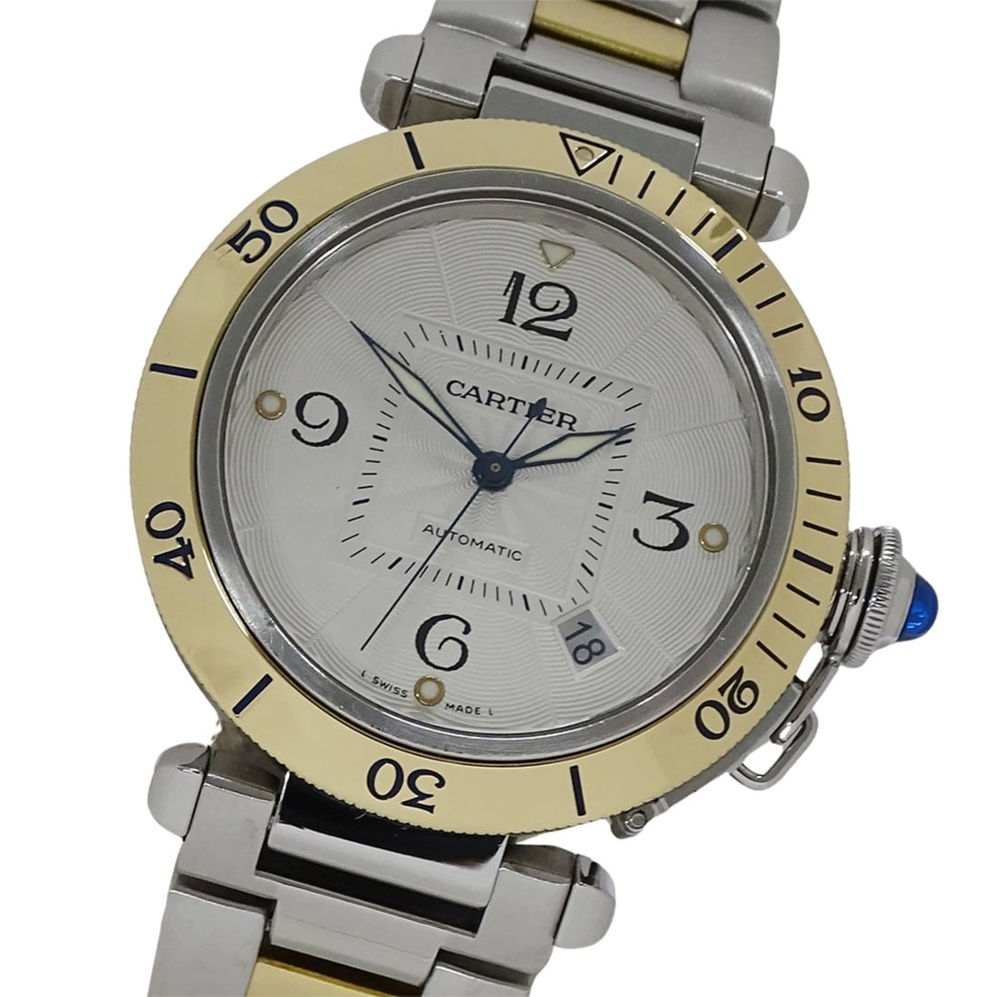 Cartier Pasha Date Men's Automatic Watch, Stainless Steel with Gold and Yellow Gold, W31035T6,: --- Catalog ---Category: SizeWrist Size: 18.5cm / 7.28''Case Diameter: 38mm / 1.5''Category: DesignType: WristwatchGender: MenColor (Dial): SilverMaterial (Band): Stainless steel, Yellow goldMaterial