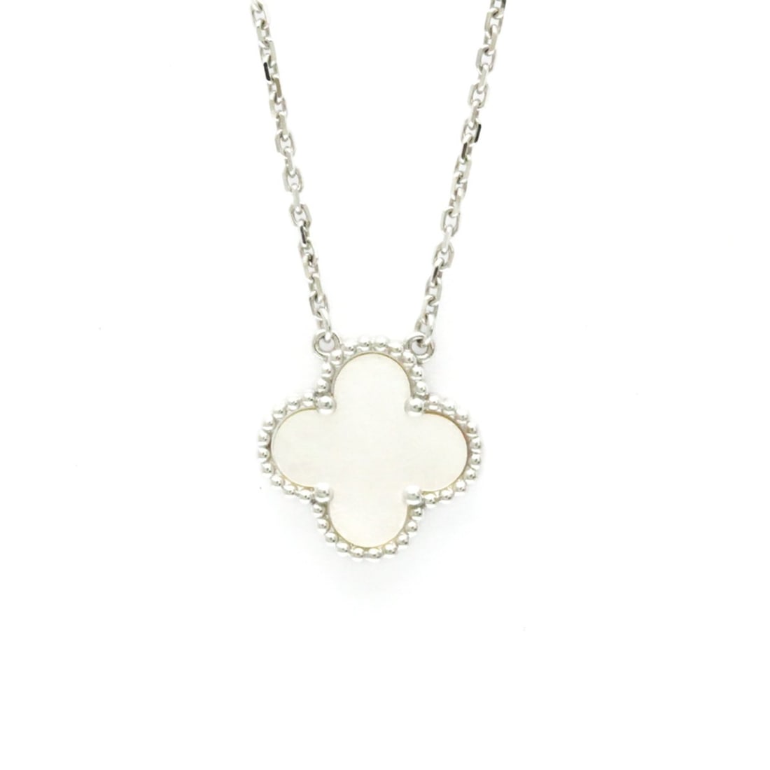 Van Cleef & Arpels Vintage Alhambra White Gold (18K) Mother Of Pearl Women,Men Fashion Pendant: --- Catalog ---Category: SizeWeight: 5.3g / 0.18oz.Pendant Size: 15mm x 15mm / 0.59'' x 0.59''Neck Circumference: 37.5 cm - 41 cm / 14.76'' - 16.14''Category: DesignColor: SilverMetal: White GoldStone