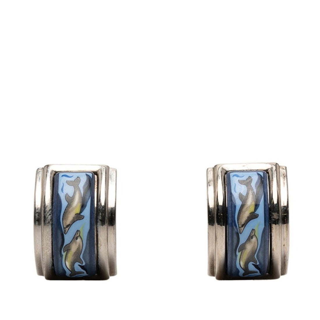 Hermes enamel cloisonné earrings in silver and multicolored metal for women.: --- Catalog ---Category: SizeSize (HxWxD): 20.90mm x 14.30mm / 0.82'' x 0.56''Category: DesignType: Clip earringsColor: Multi-color, SilverGender: WomenMaterial: Cloisonné/enamel, MetalCategory: Gene