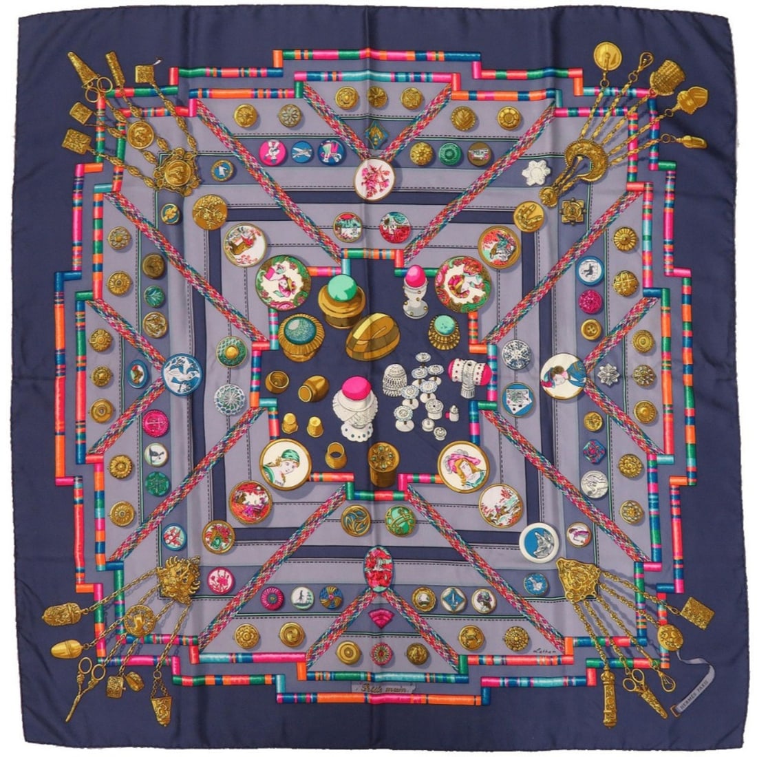 Hermes Excellent condition Hermès Carré 90 Petite Main Seamstress Silk Scarf Muffler in Navy, (1 of 10)