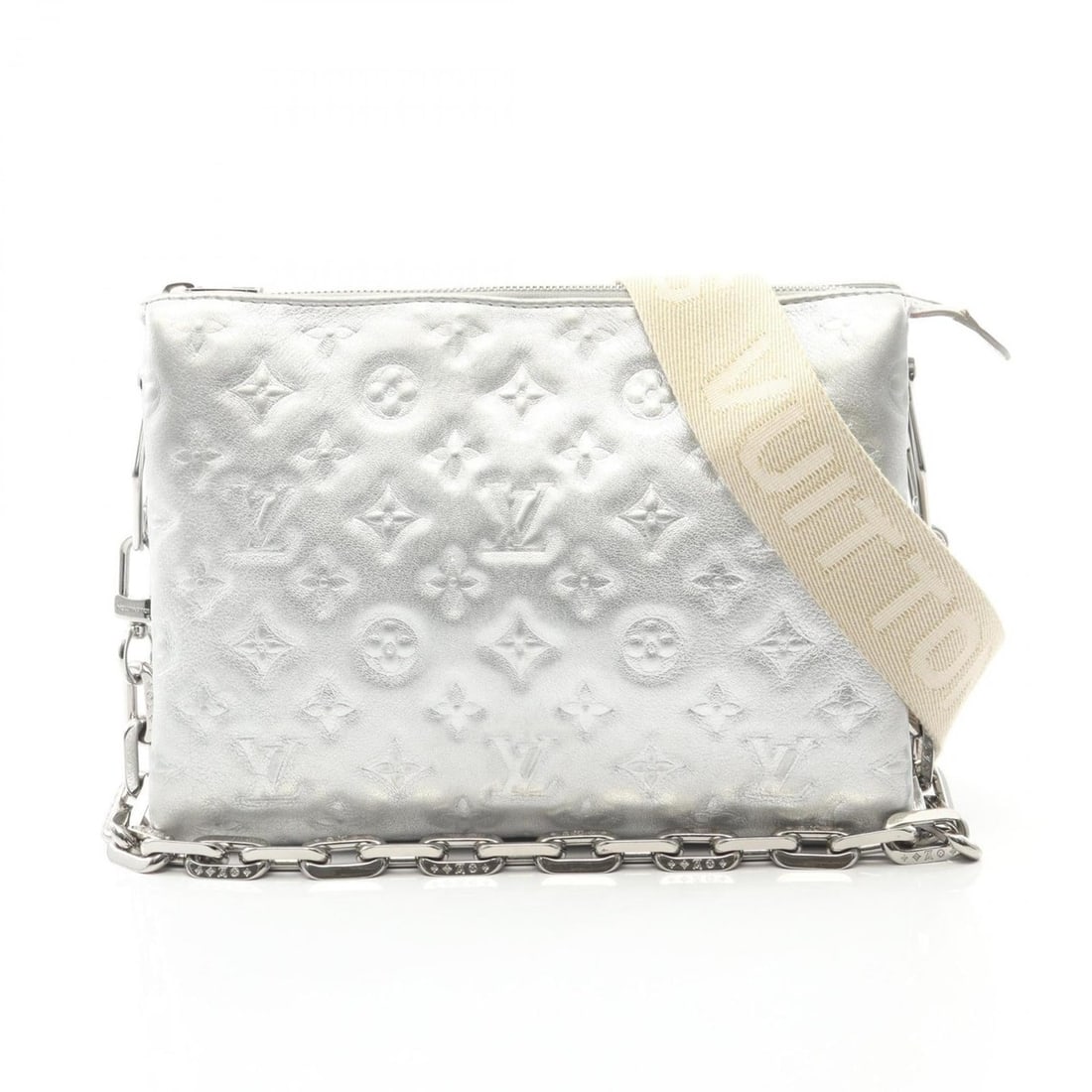 Louis Vuitton Coussin PM Shoulder Bag, Monogram Embossed Leather, Silver, Women's, M57913: --- Catalog ---Category: SizeSize (HxWxD): 20cm x 27cm / 7.87'' x 10.62''Category: DesignType: Shoulder bagColor: SilverGender: WomenMaterial: Leather Category: GeneralMPN: M57913Brand: Louis Vuitton-