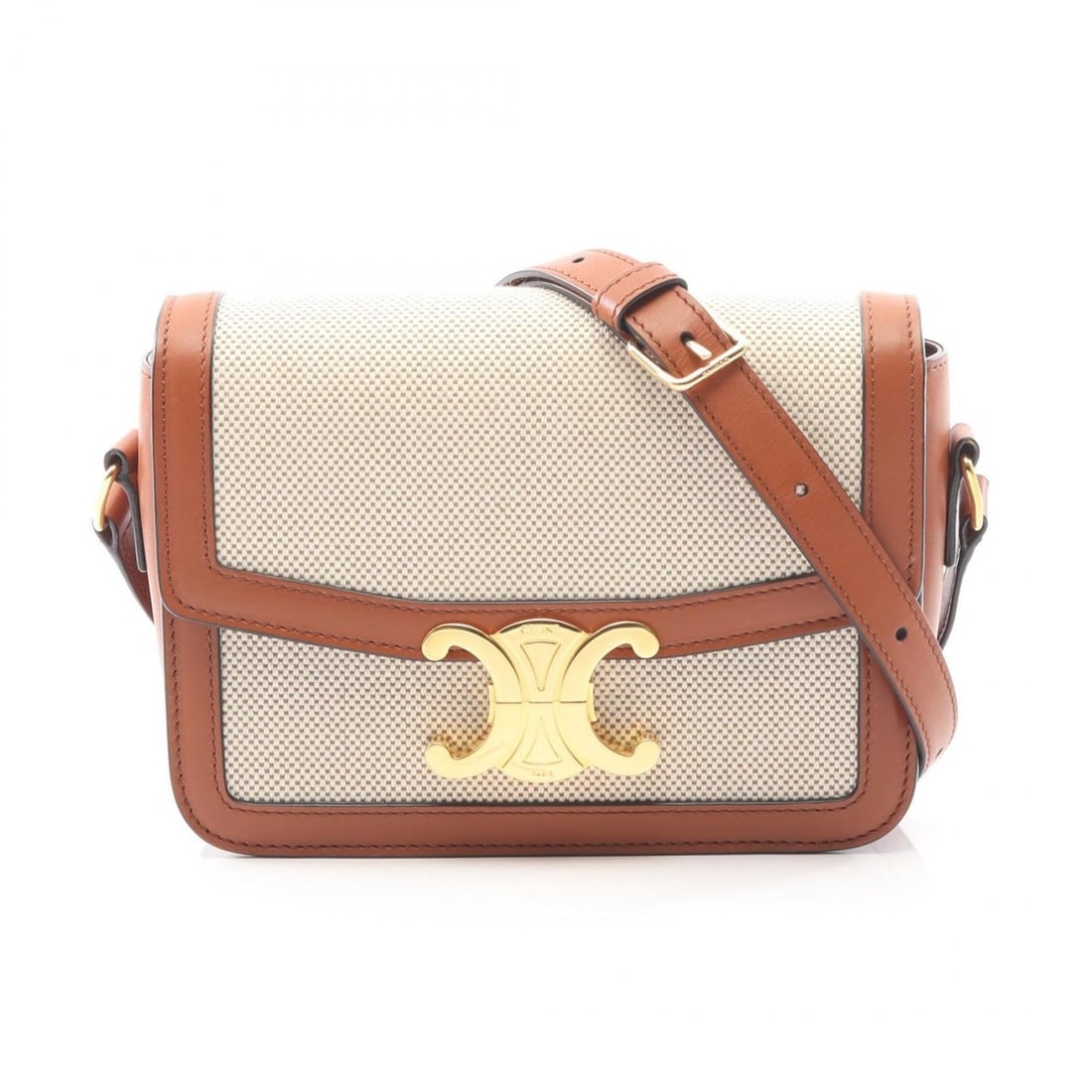 Celine Teen Triomphe Shoulder Bag, Canvas and Leather, Women's, Ivory Brown: --- Catalog ---Category: SizeSize (HxWxD): 14cm x 18.5cm x 4cm / 5.51'' x 7.28'' x 1.57''Category: DesignType: Shoulder bagColor: Brown, IvoryGender: WomenMaterial: Canvas , Leather Category: GeneralB