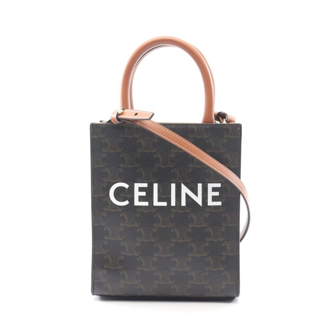 Celine Mini Vertical Cabas Triomphe Handbag, Coated Canvas and Leather, Women's, Black Brown: --- Catalog ---Category: SizeSize (HxWxD): 20cm x 17cm x 5cm / 7.87'' x 6.69'' x 1.96''Category: DesignType: HandbagColor: Black, BrownGender: WomenMaterial: Coated canvas , Leather Category: GeneralB