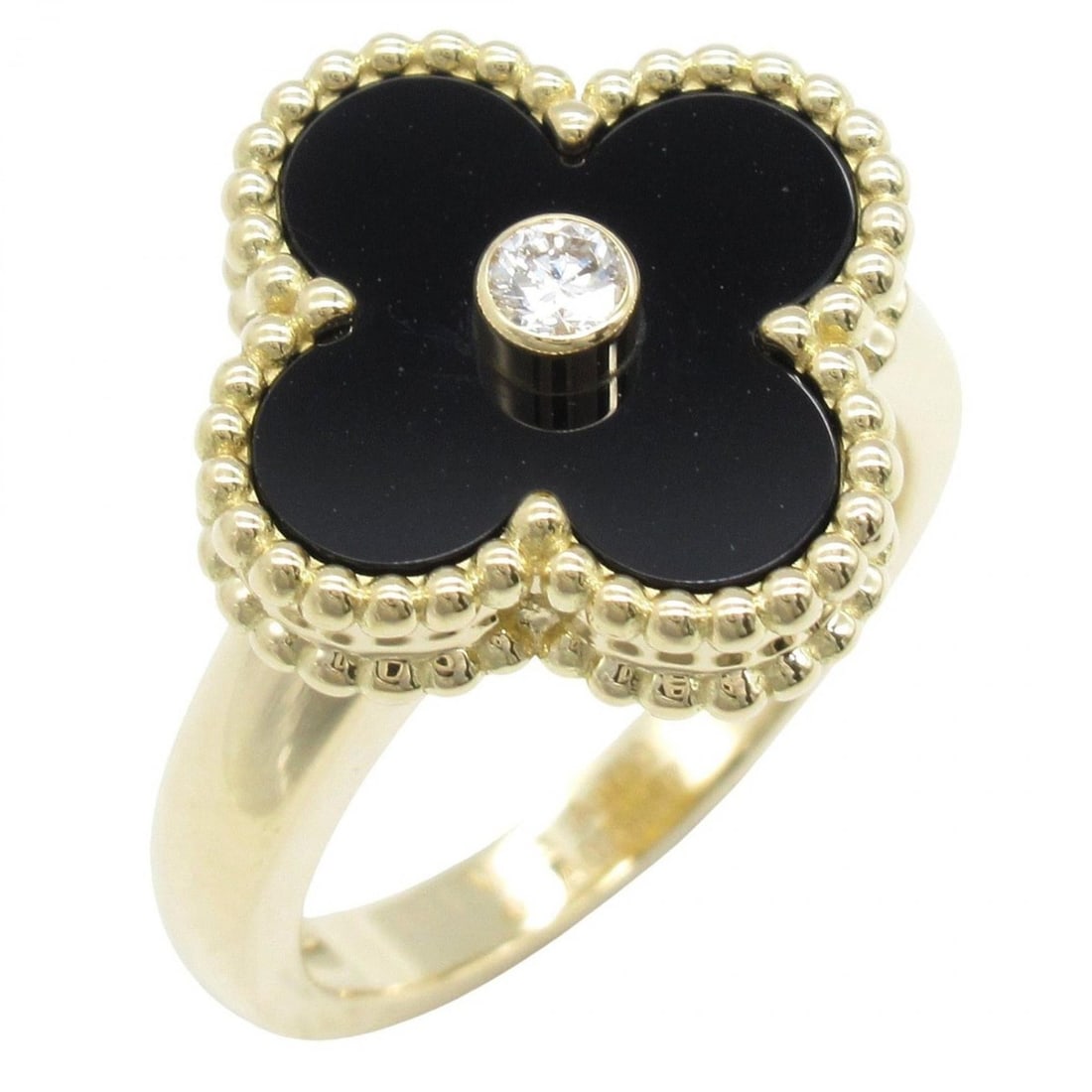 Van Cleef & Arpels Vintage Alhambra Ring, 1PD, Onyx, Diamond, 18K Yellow Gold, Women's, Black,: --- Catalog ---Category: SizeJP Size: 7US Size: 4Category: DesignType: Band ringColor: Black, Clear, GoldGender: WomenMaterial: Yellow gold (18K)Category: GeneralMPN: VCARA41000Brand: Van Cleef & Arpe