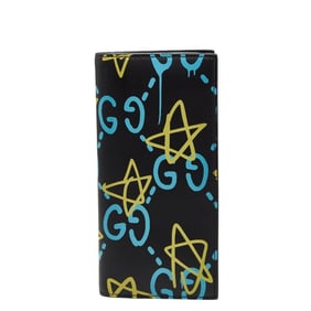 Gucci Ghost Star Print Long Wallet 448466 Black Blue Yellow Leather Women's GUCCI