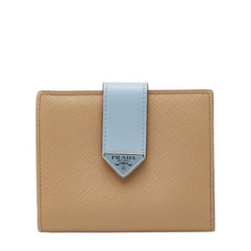 Prada Triangle Logo Plate Bifold Wallet in Beige and Blue Saffiano Leather for Women