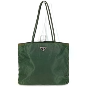PRADA Triangle Logo Plaque Tote Bag Shoulder Nylon Men's Women's Khaki