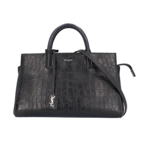 Saint Laurent Crocodile Cabas Rive Gauche Shoulder Bag, Leather, Black, Women's, 400413-0915,