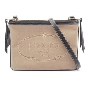 Prada Logo Jacquard Shoulder Bag, Canvas and Leather, Women's, Beige Black
