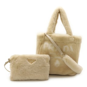 PRADA Terry SPUGNA Tote/Shoulder Bag, Shearling, Beige, 1BG130