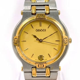 GUCCI 9000M Stainless Steel Watch, Silver/Silver Quartz Movement, Gold Dial, Unisex