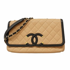 Chanel Shoulder Bag W Chain CC Filigree Caviar Skin Beige Black Women's