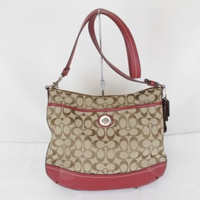COACH F24032 Signature Shoulder Bag in Canvas/Leather, Brown/Red