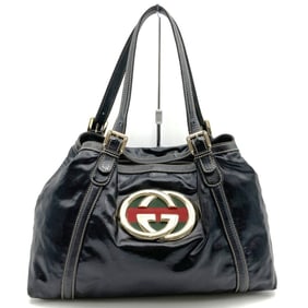 GUCCI 162094 Interlocking Sherry Line Leather Tote Bag, Black, Women's