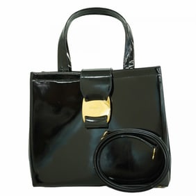 Salvatore Ferragamo Vara Handbag in Black Patent Leather, 2-Way Bag for Women