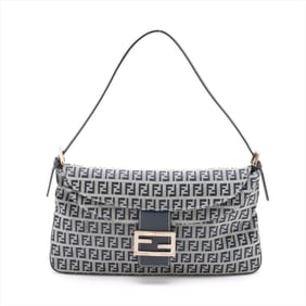Fendi Zucchino Mamma Bucket Baguette Leather Shoulder Bag with FF Hardware, Navy Blue, Women's