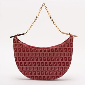 Fendi Zucchino Half Moon Leather Canvas Chain Shoulder Bag for Women