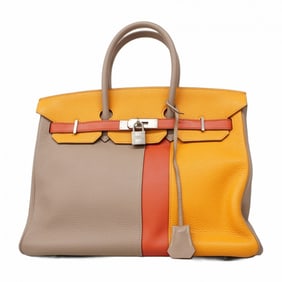 Hermes Hermès Birkin Cazac 35 Handbag in Taurillon Clemence Swift Turtiere Grey with Feu Moutarde