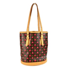 LOUIS VUITTON M95012 Monogram Cherry Bucket PM by Takashi Murakami. This shoulder bag features a