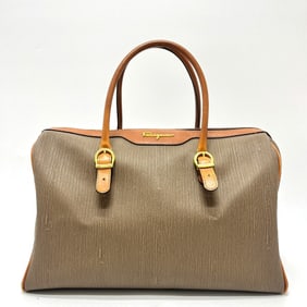 Salvatore Ferragamo AG219155 Logo Two-Tone Leather Handbag/Boston Bag for Women, Brown