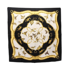 Hermès HERMES Carré 90 LA CLE DES CHAMPS Silk Scarf for Women in Black, White, and Gold