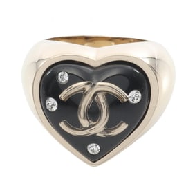 CHANEL Coco Mark Heart Ring, Gold Plated with Rhinestones, Women's, Gold, Black, and Clear