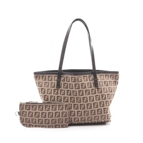 Fendi Zucchino Tote Bag, Canvas and Leather, Women's, Beige Brown, 8BH056