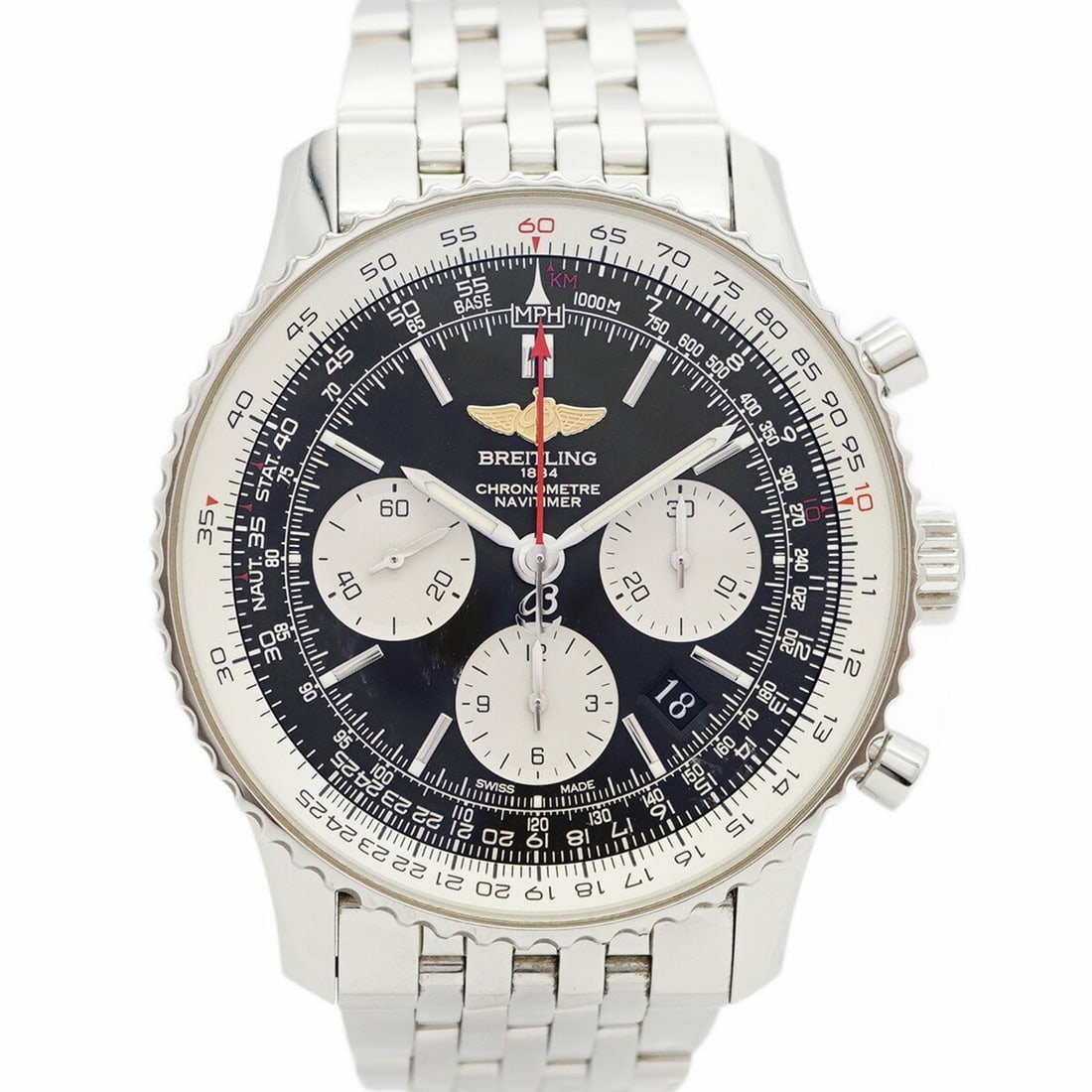 Breitling Navitimer AB0120 Black Dial Men's Watch: --- Catalog ---Category: SizeWrist Size: 15.5cm / 6.1''Case Diameter: 42.7mm / 1.68''Category: DesignType: WristwatchGender: MenColor (Dial): BlackMaterial (Band): Stainless steelCategory: GeneralMPN: