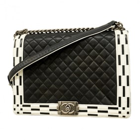 Chanel Shoulder Bag Boy Chain Lambskin Black White Women's