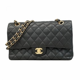 Chanel Matelasse Shoulder Bag with Double Flap and Chain, Caviar Skin, Black, Women's
