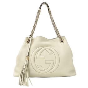 Gucci Soho Interlocking G Leather Tote Bag, White, 308982, with Tassel and Fringe, Chain Tote,