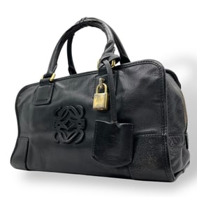 LOEWE Amazona Mini Boston Handbag in Black Leather with Gold Hardware and Anagram D4
