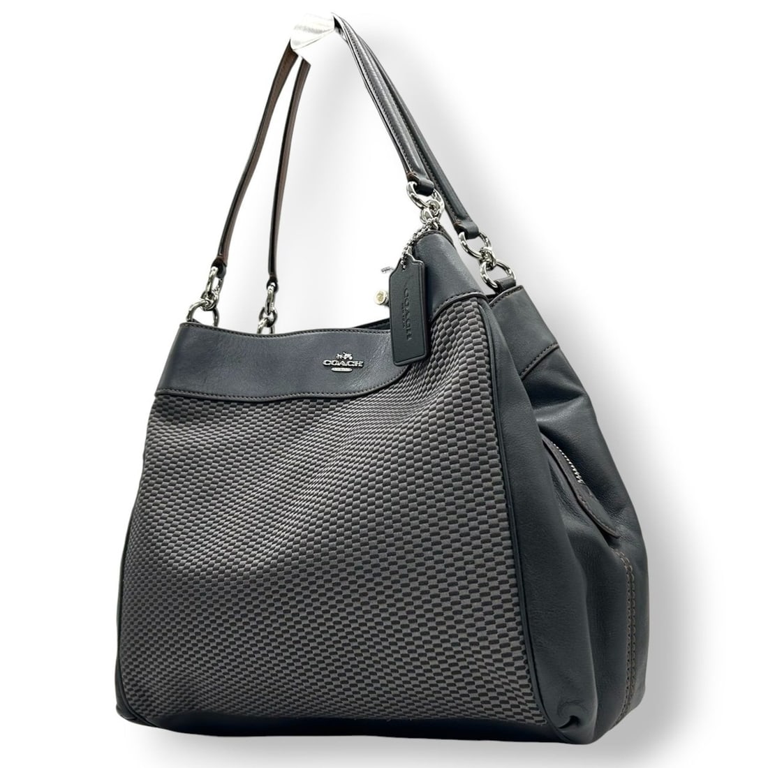 Coach Lexi Shoulder Bag/Tote Bag in Exploded Reps Jacquard Canvas with Logo Charm, F57540, Women's,: --- Catalog ---Category: SizeSize (HxWxD): 29cm x 32cm x 11cm / 11.41'' x 12.59'' x 4.33''Category: DesignType: Shoulder bag, Tote bagColor: Black, GrayGender: WomenMaterial: Leather , Canvas Category