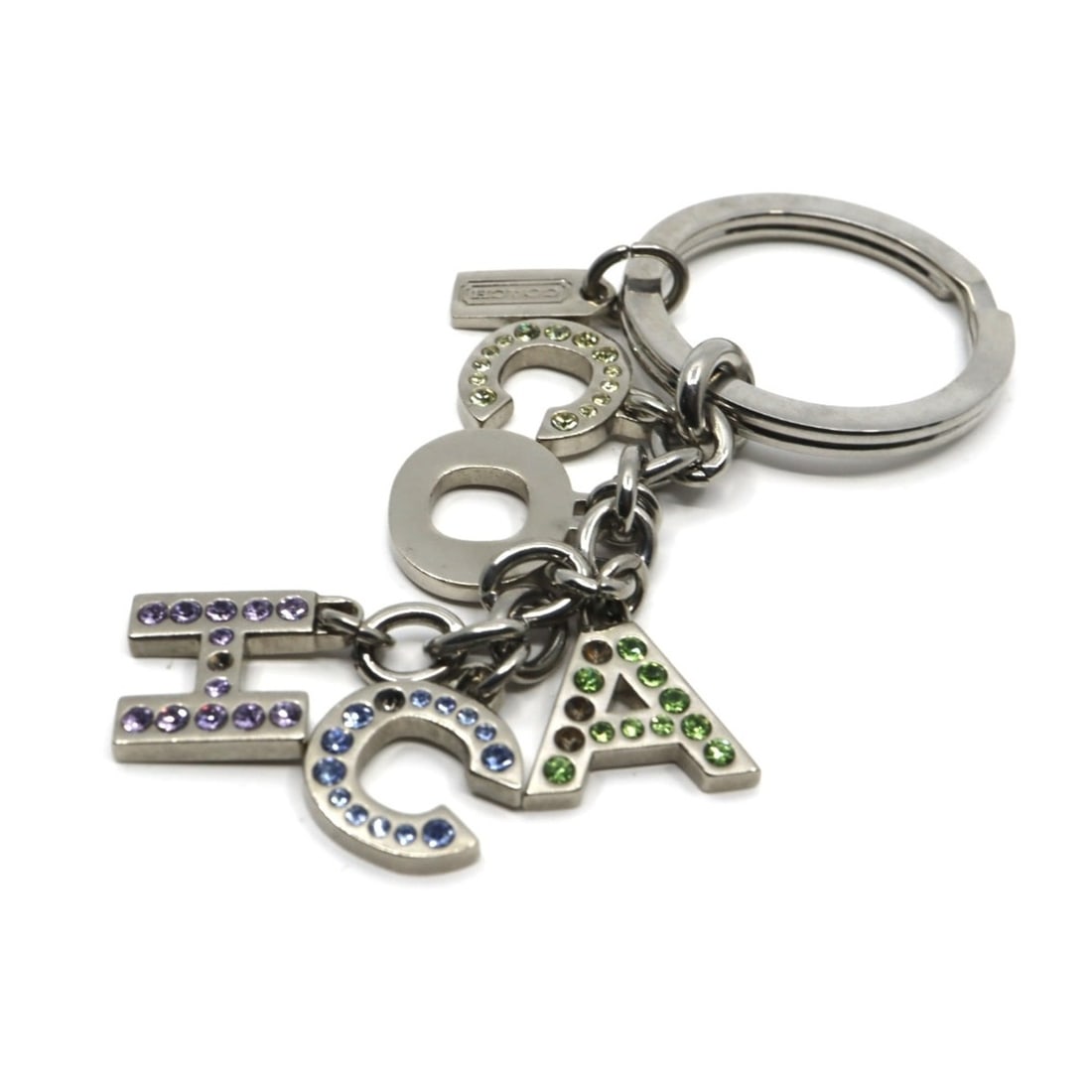 Coach logo keychain, silver color, rhinestone charm, women's, i2: --- Catalog ---Category: DesignType: KeyringColor: Multi-color, SilverGender: WomenMaterial: Stainless steelCategory: GeneralBrand: Coach--- Item List ---Section: ConditionRanking: Rank A Used - A few
