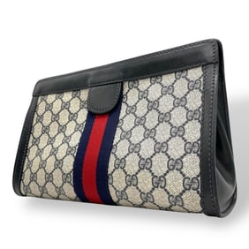 GUCCI Old Gucci GG Supreme Sherry Line Clutch Bag Leather Gray Navy K9