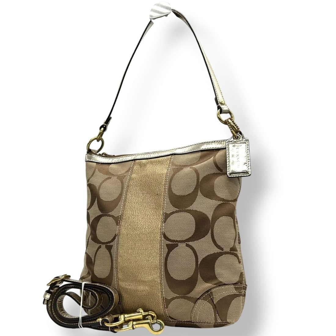 Coach Signature F13278 Canvas Shoulder Bag/Handbag in Beige and Gold, Parka/Crossbody, Women's, Size: --- Catalog ---Category: SizeSize (HxWxD): 27cm x 28cm x 5cm / 10.62'' x 11.02'' x 1.96''Category: DesignType: Handbag, Shoulder bagColor: Beige, GoldGender: WomenMaterial: Signature line , Leather Ca