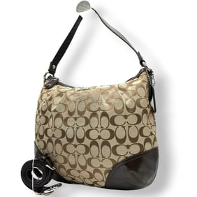 Coach Laura Signature Shoulder Bag/Handbag F17400, Canvas, Patent Leather, Beige, Women's, Size s84
