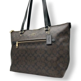 Coach Gallery Tote Bag, Signature Leather, Brown and Black, F79609, Women's, Size 84