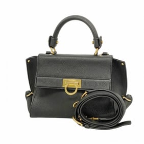 Salvatore Ferragamo Gancini Leather Handbag, Black, 2-Way Bag for Women