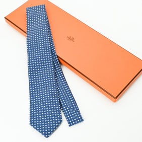 HERMES Heart Print Silk Blue Tie