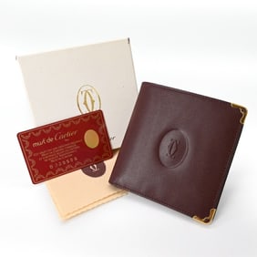 Cartier Must Line Bifold Wallet, Compact, Bordeaux and Red Leather with Coin Purse, Women's