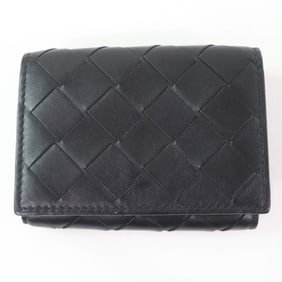 BOTTEGA VENETA Leather Intrecciato Tiny Tri-fold Wallet, Compact Black/Blue, Box and Dust Bag