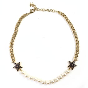 CHANEL C24C Coco Mark Star Glitter Pearl Choker Necklace, Gold and White, Made in Italy, Women's